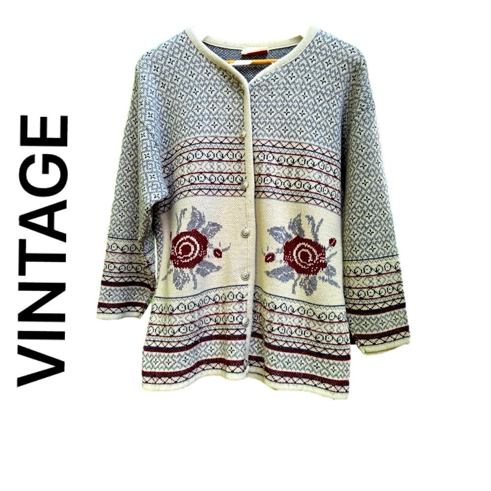 Vintage Women Roses Patterned Grandma Cottagecore  Cardigan Medium